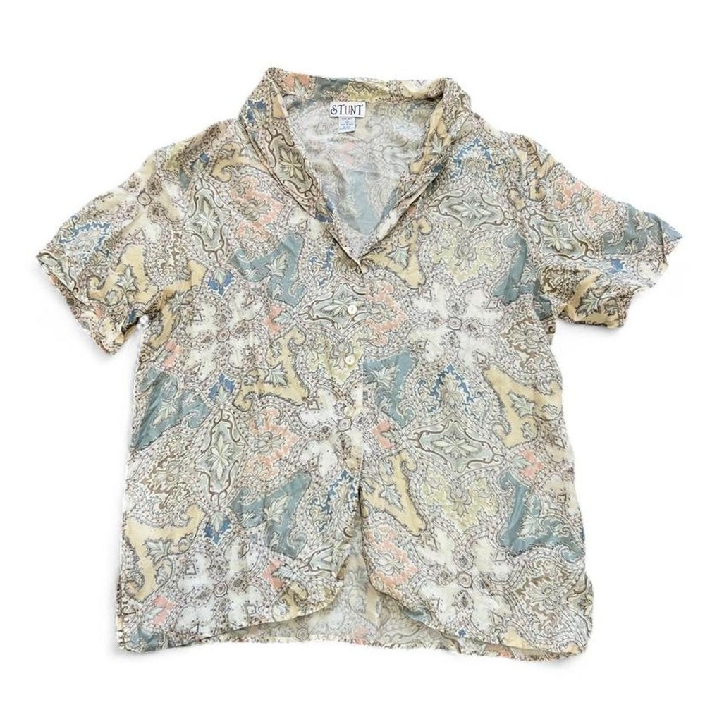 Vintage 100% Silk Women's Button Up Blouse Shirt Size Large Resort Vacation